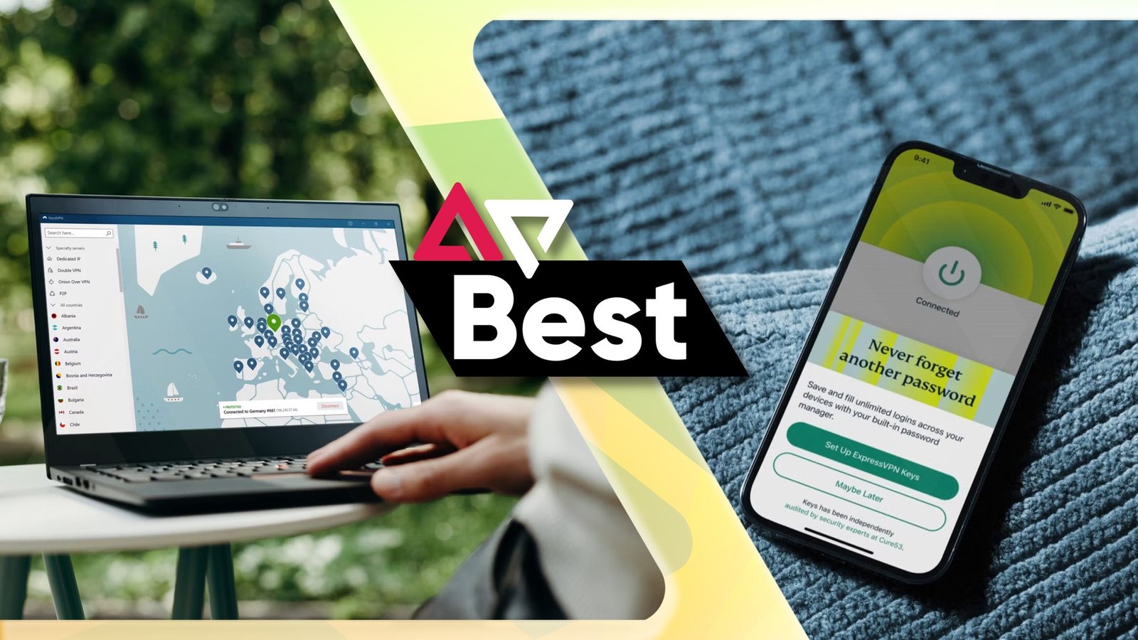 Best VPN service feature image with NordVPN app on laptop on the left and ExpressVPN app oon smartphone on the right