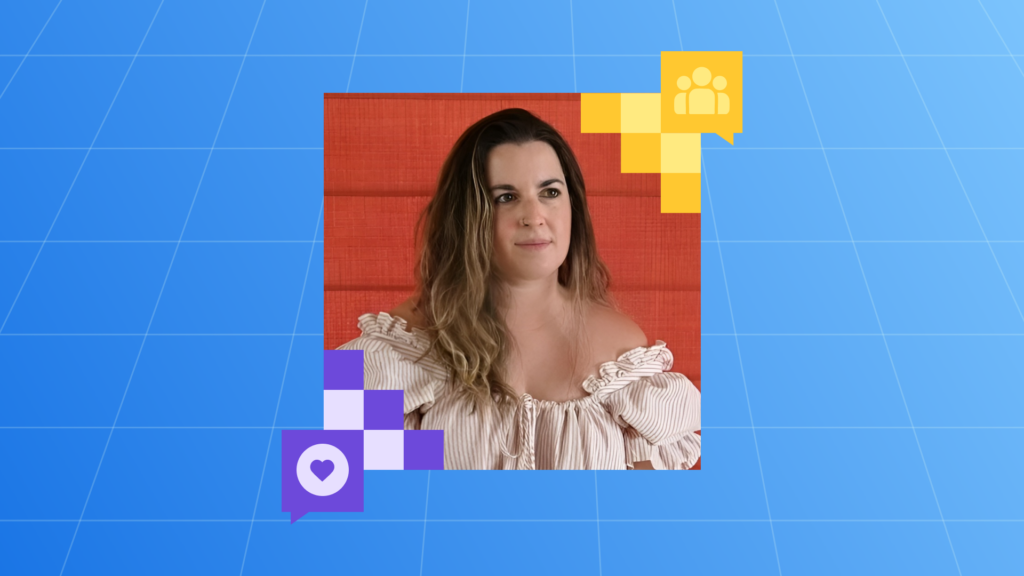 A woman with wavy brown hair wearing an off-the-shoulder striped top sits in front of a red background, framed by colorful digital icons on a blue grid backdrop.