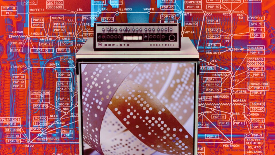 A collage of vintage computer elements